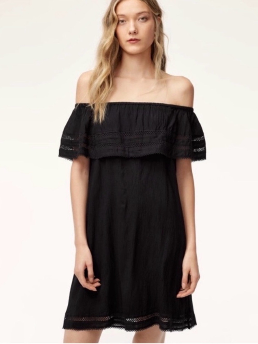 WILFRED X ARITZIA | Emmie Off‑Shoulder Black Mini Dress | Eyelet Detail | Size S